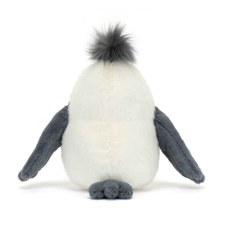 Chip Seagull plush toy with polyester fabric in grey-blue tones featuring a large beak and punk rock hair style.