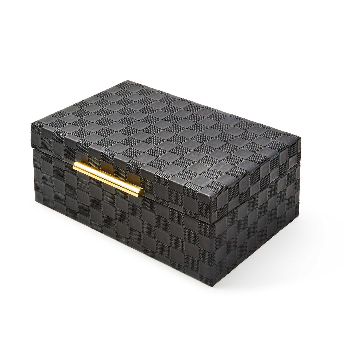 Black faux leather box with a checkered texture and a gold-tone metal handle on a white background.