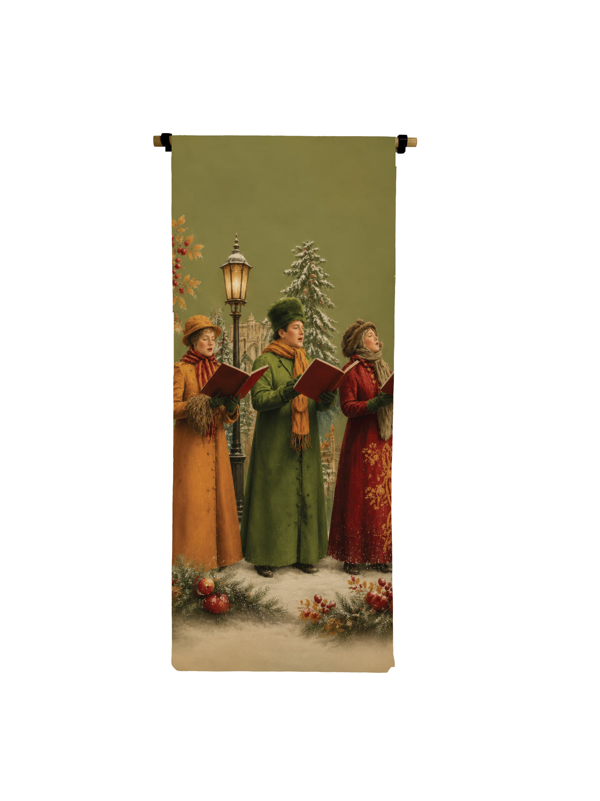 Left Green Carollers Canvas Scroll featuring three Victorian-style singers in a snowy scene.