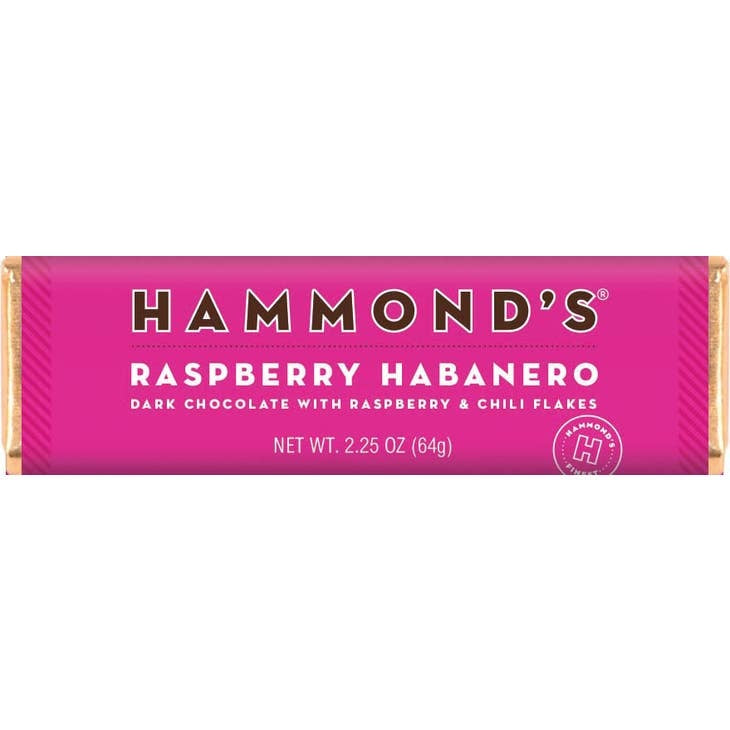 Dark chocolate bar with raspberry jam and chili flakes