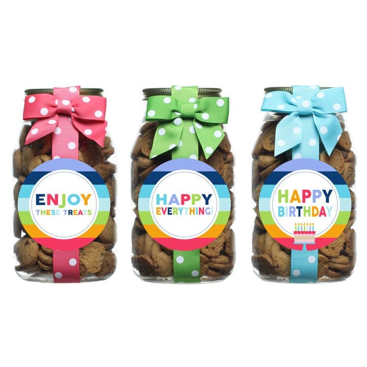 Quart jar filled with chocolate chip cookies featuring rainbow stripe packaging