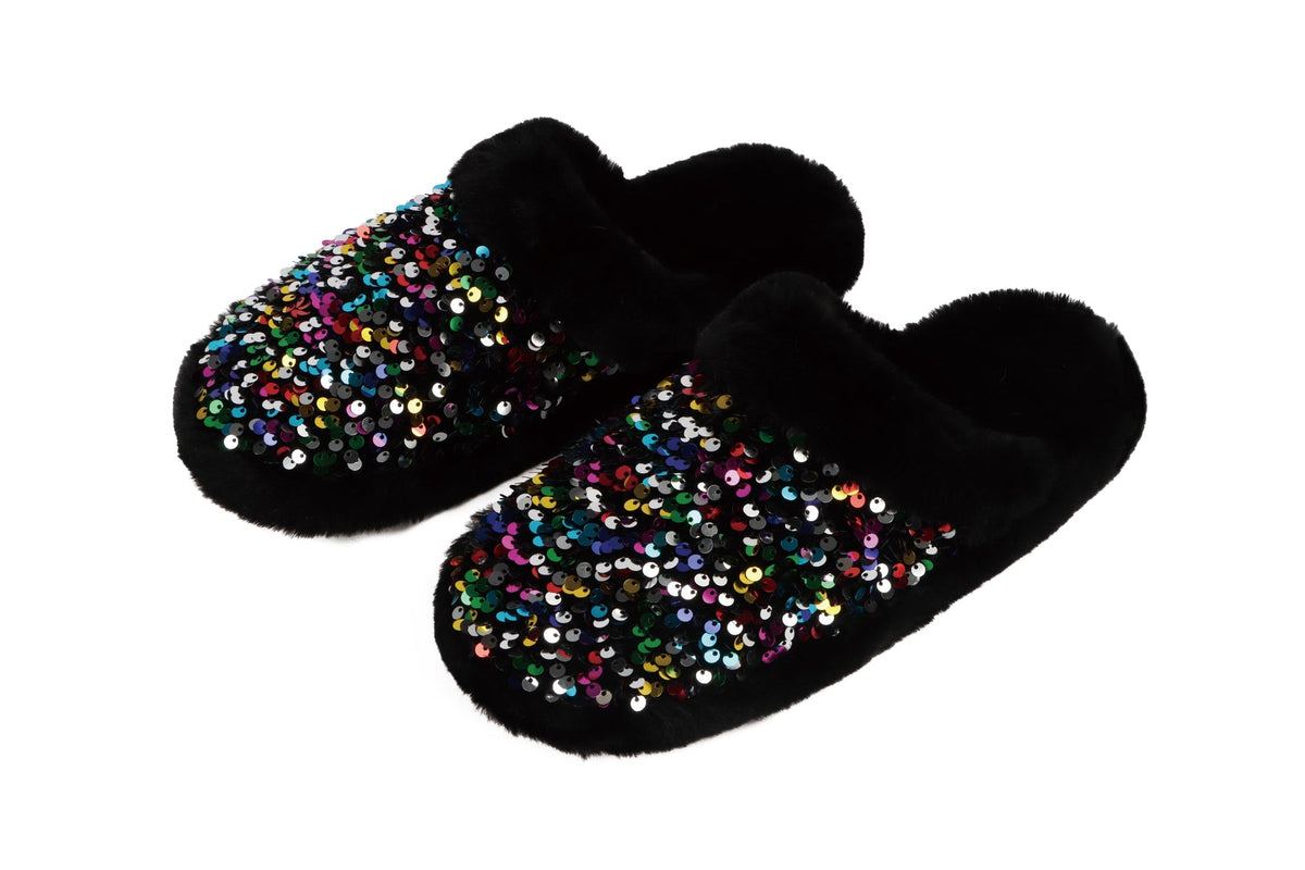 Women's glam slide slipper with soft soles featuring grippers on the bottom.