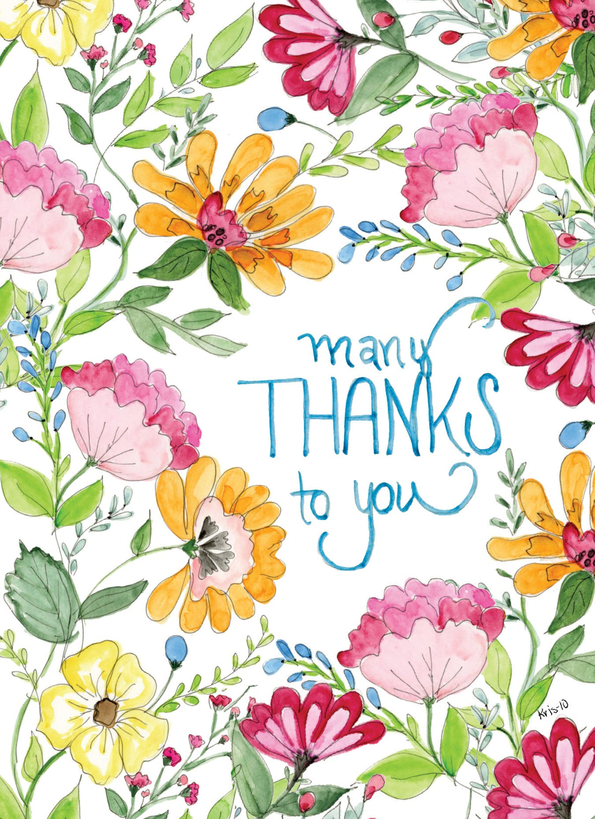 Watercolor greeting card with colorful flowers and hand-lettered text reading 'many THANKS to you'.