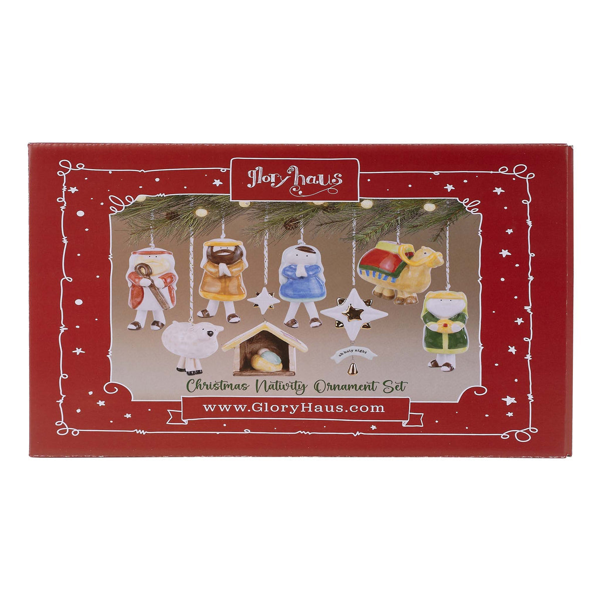 Hand-painted ceramic Nativity ornament set featuring the Holy Family, a star, and key figures in warm earth tones.