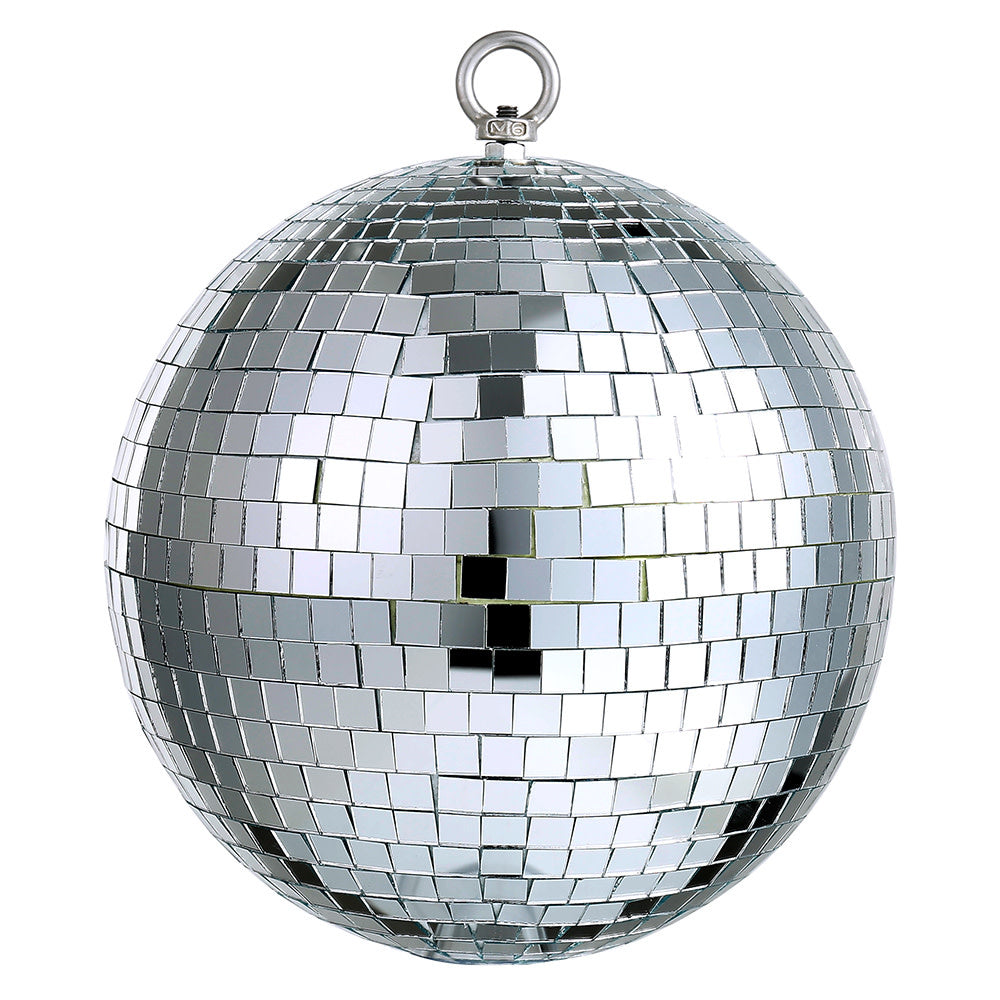 Spherical disco ball Christmas ornament with reflective silver mirror tiles and a metal hanging ring.