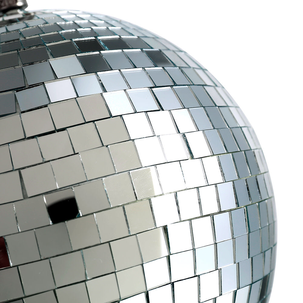 A spherical Christmas ornament covered in small, reflective square mirror tiles.