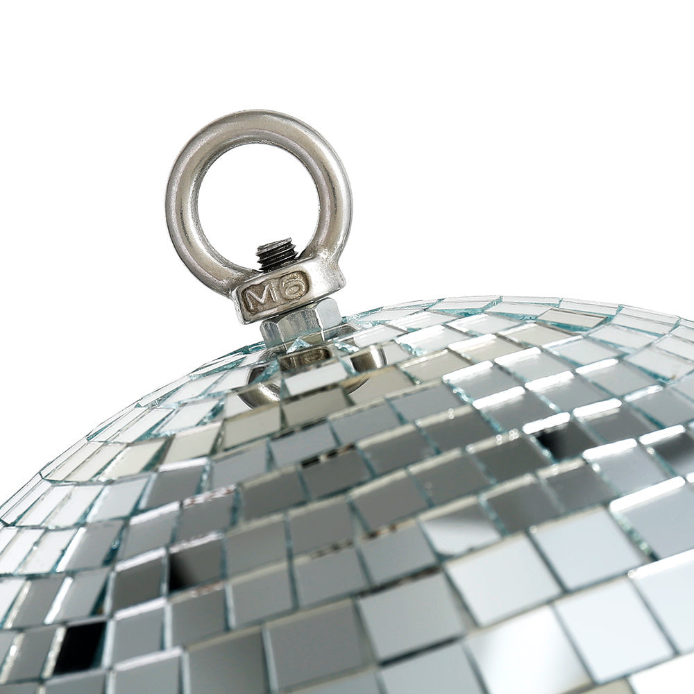 A silver disco ball Christmas ornament with a metallic M6 eye bolt hanging loop.