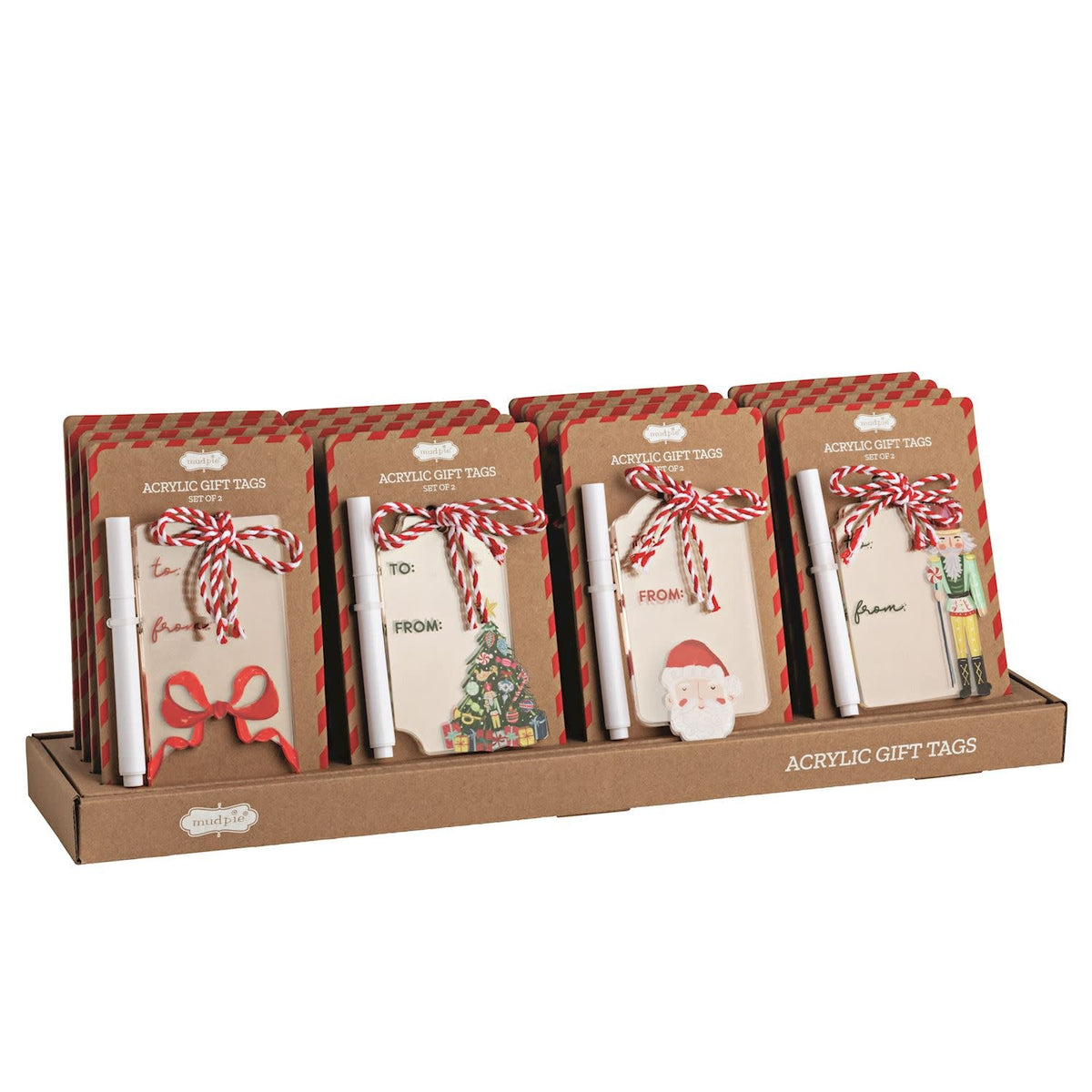 Set of red acrylic Christmas gift tags with white snowflake patterns.