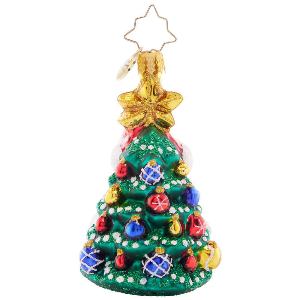 Clear acrylic Christmas ornament shaped like a gem with Santa Claus and a decorated tree visible from all angles.