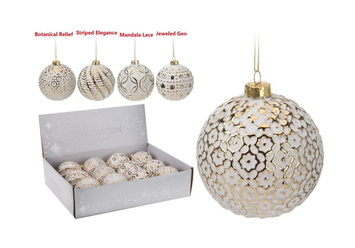 Glass Christmas ornament with white gold accents in a spherical shape.
