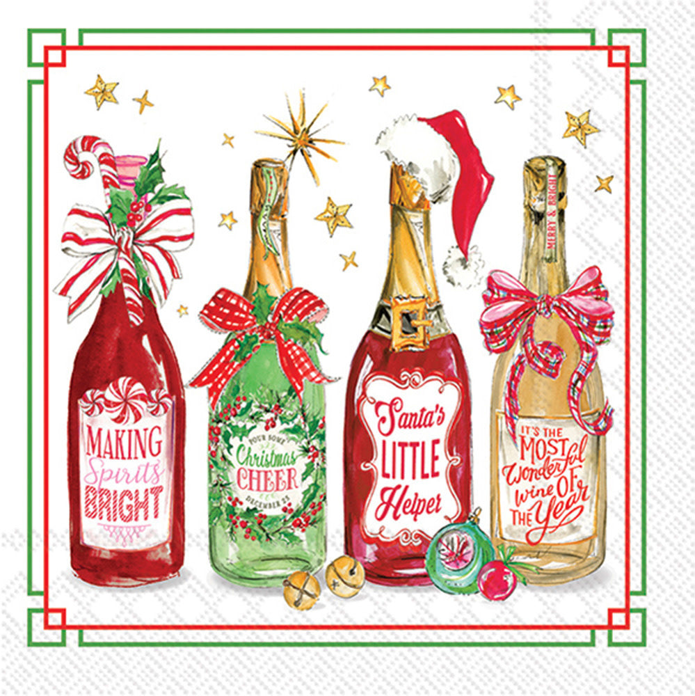 Triple-ply cocktail napkins with festive Christmas bottle artwork printed in Germany.