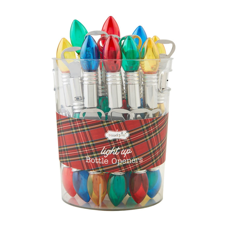 Metal bottle opener with a red Christmas bulb handle featuring LED lights.