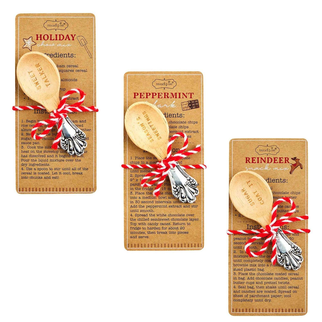 Engraved wood candy scoop with silverplate handle on recipe card