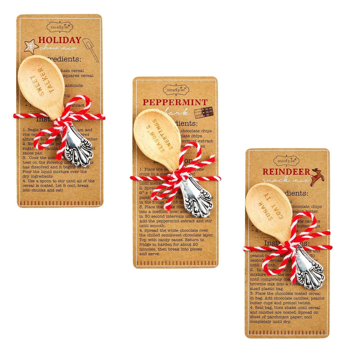 Engraved wood candy scoop with silverplate handle on recipe card