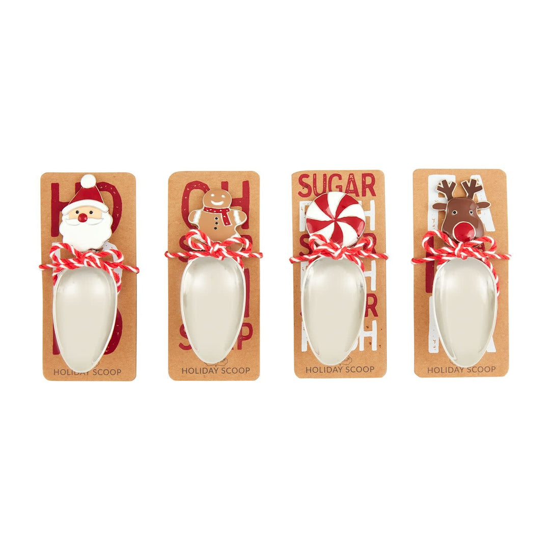 Metal candy scoop with festive character handle inside a wooden display crate.