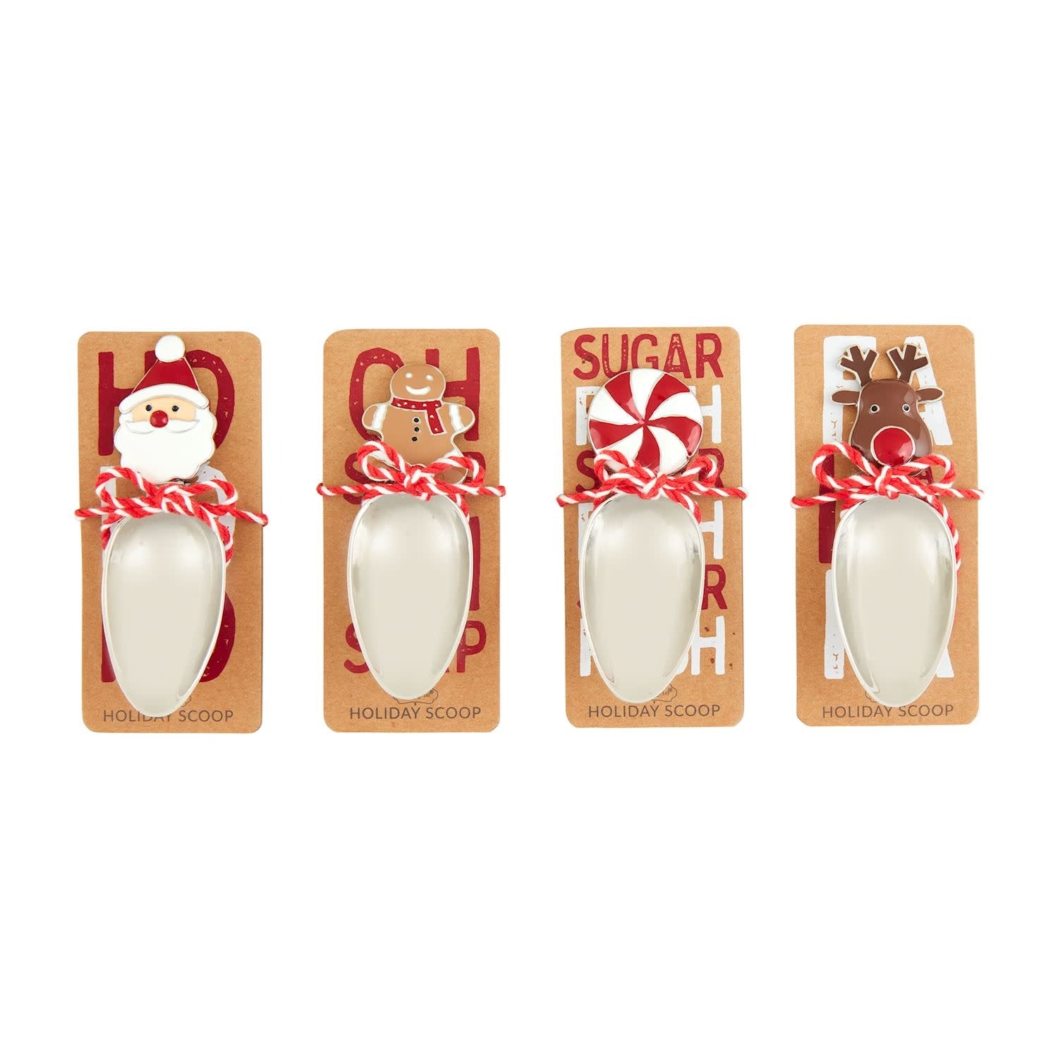 Metal candy scoop with festive character handle inside a wooden display crate.