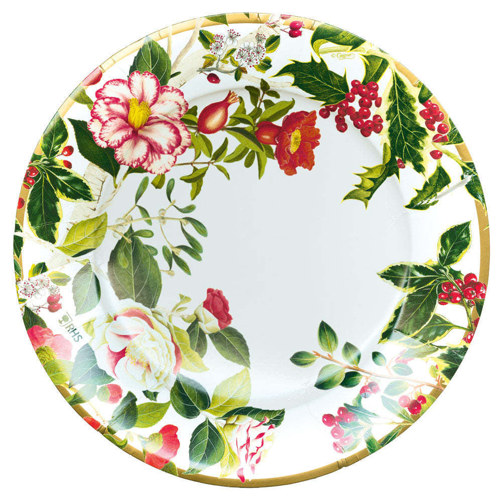 Pack of eight square Christmas Chinoiserie paper plates with festive red and green holiday patterns.