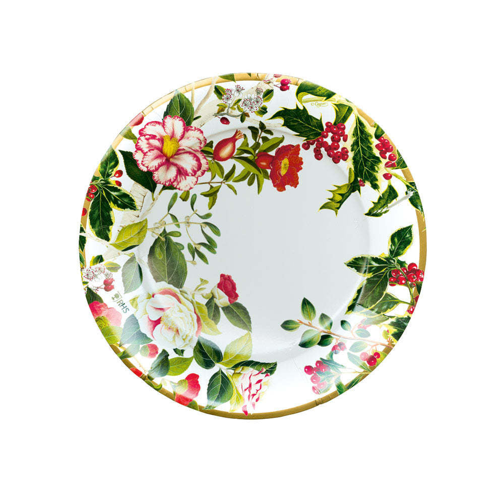Square Christmas Chinoiserie paper plates with festive red and green patterned porcelain-style silhouette.