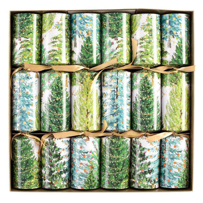Box of six Christmas crackers featuring tree designs with lights and paper embellishments.