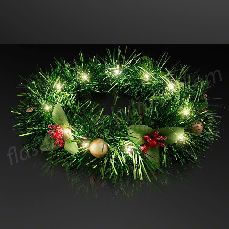 Christmas crown headband with warm white LED lights on flexible tinsel wreath
