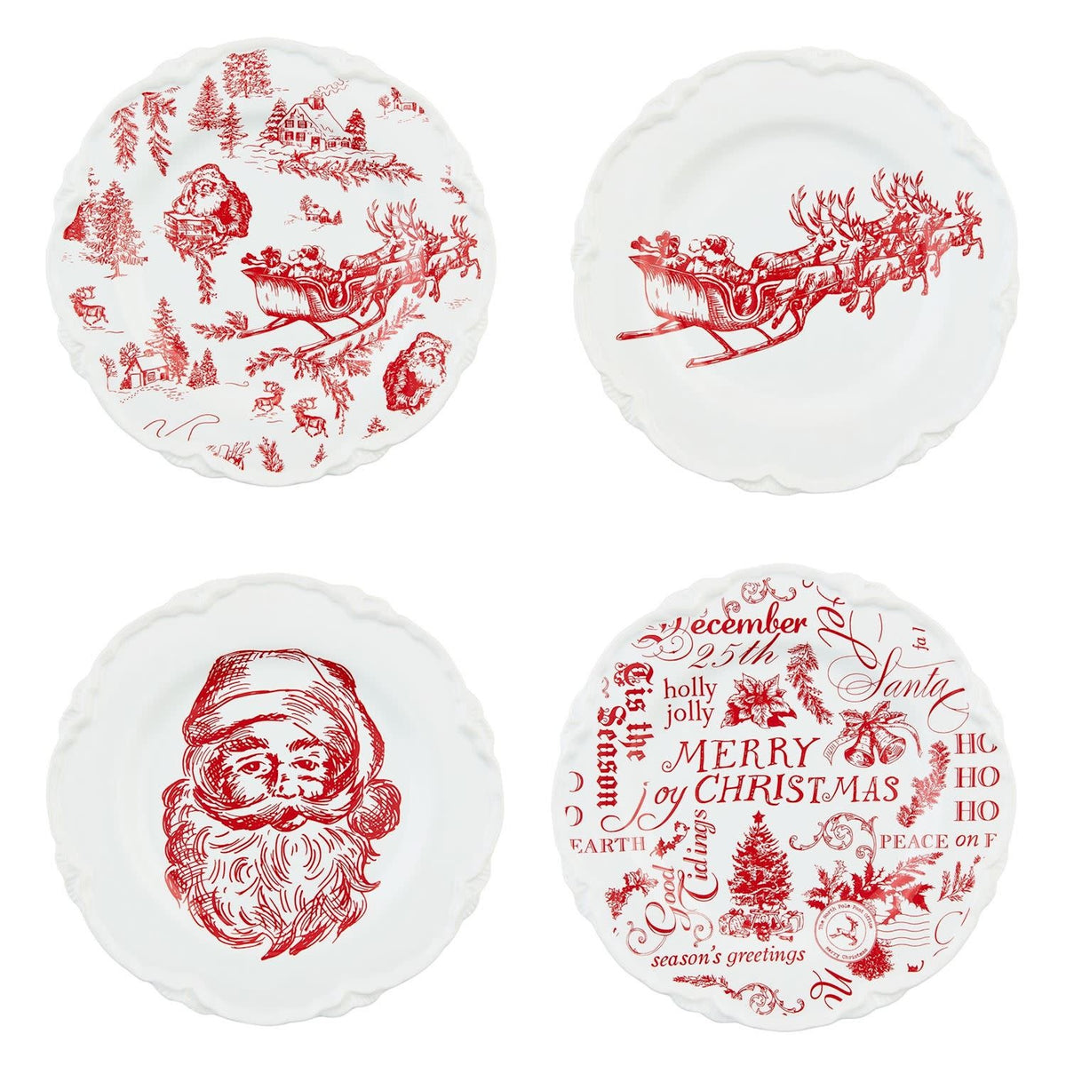 White stoneware Christmas dessert plate with festive red and green holiday pattern.