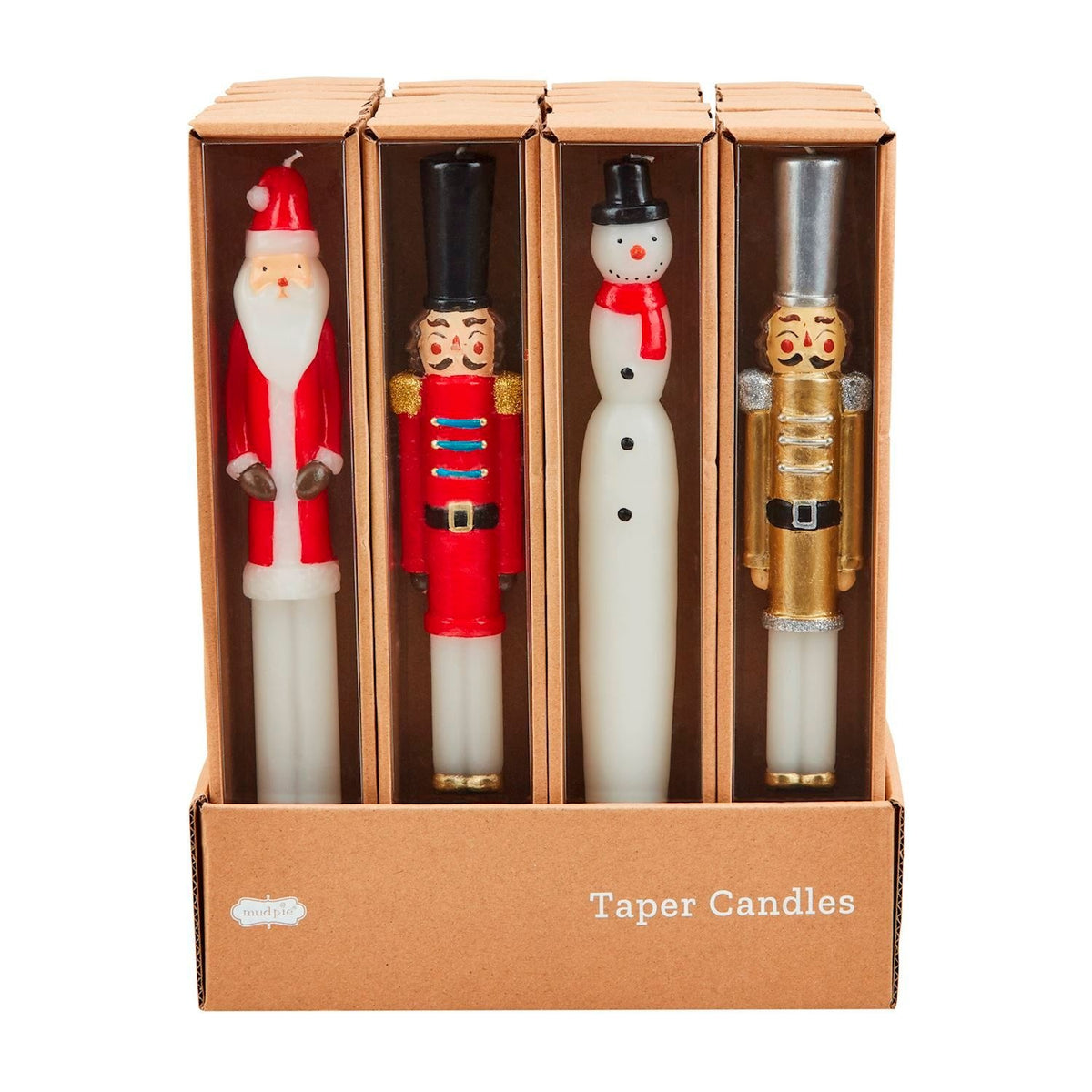 Hand-painted wax taper candle shaped as a festive Santa figure in red with green trim.