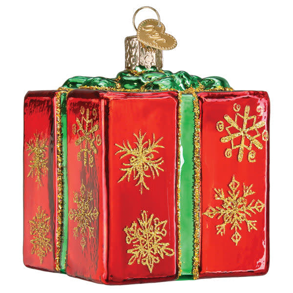 Red Christmas gift box ornament with gold ribbon bow on top.