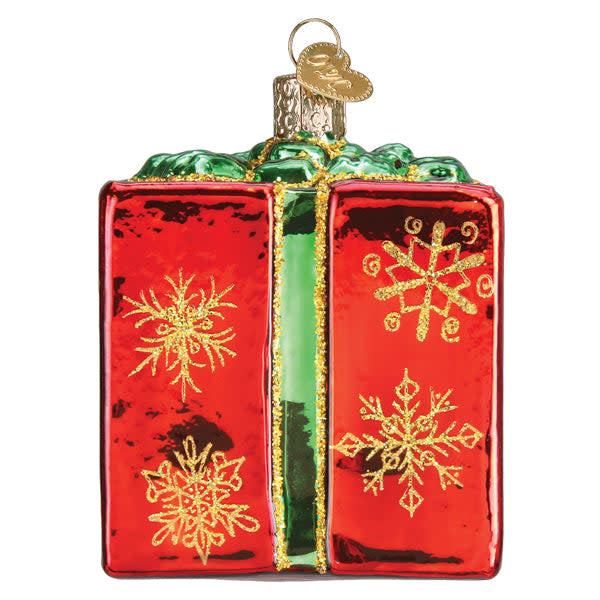 Red Christmas gift box ornament with gold ribbon bow on top.