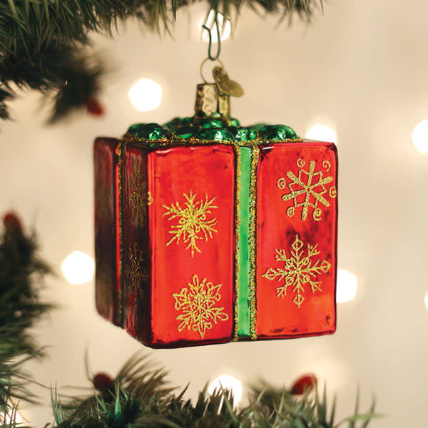 Red Christmas gift box ornament with gold ribbon bow