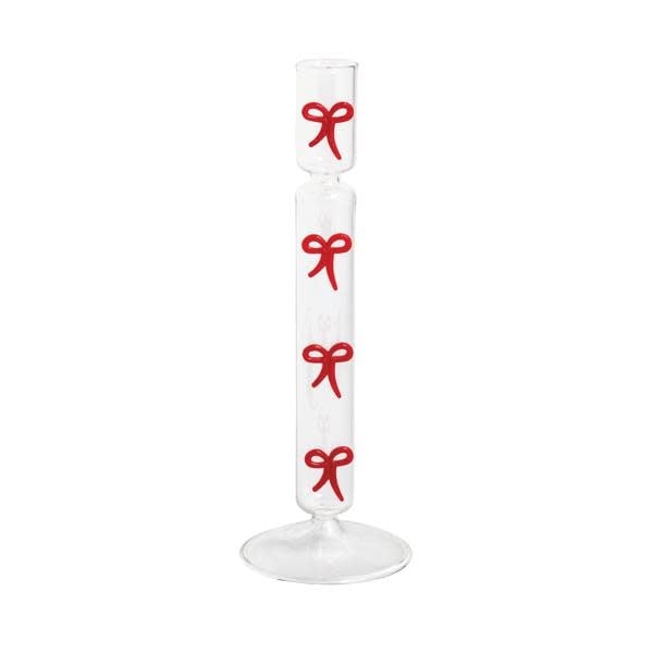 Glass taper candlestick holder with dimensional Christmas icon exterior