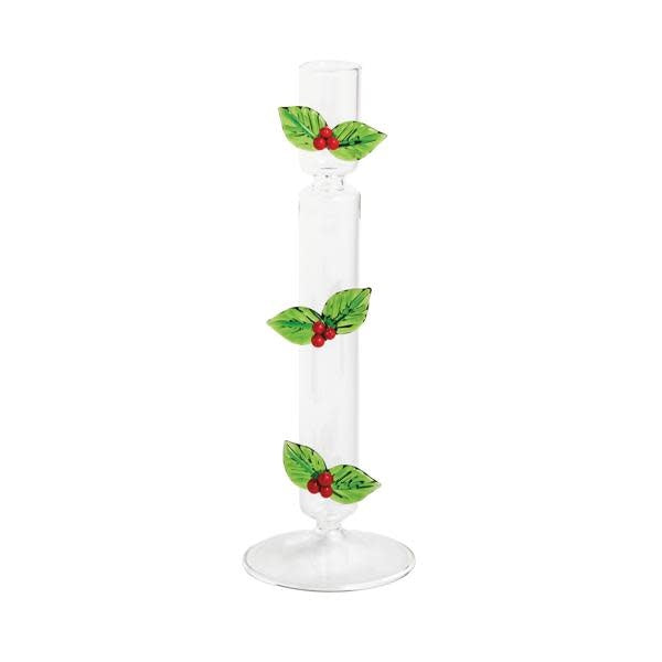 Glass candlestick with dimensional holly leaf icon exterior