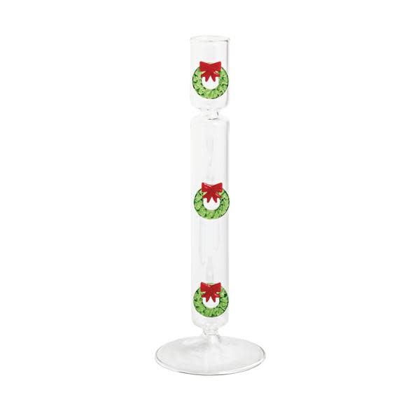 Glass candlestick with dimensional icon exterior in clear finish