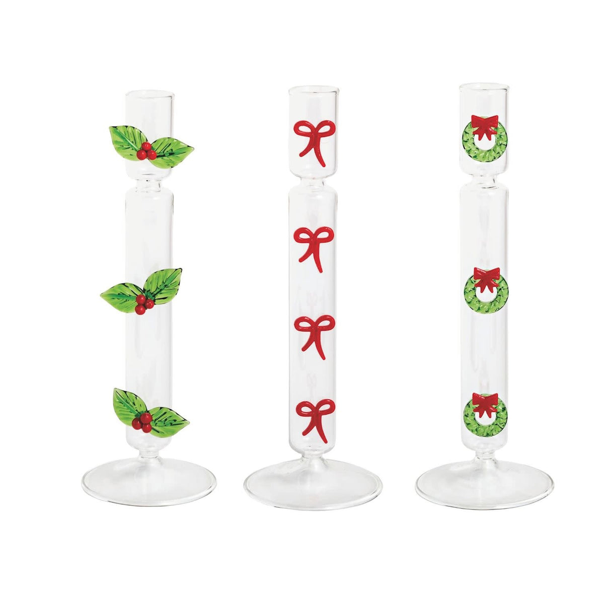 Glass candlestick with dimensional icon exterior