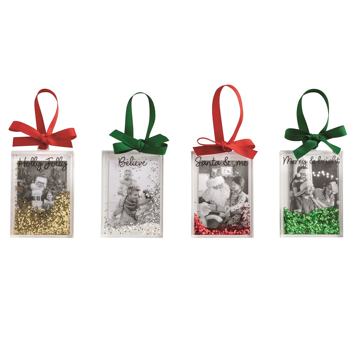 Acrylic block photo ornament with encased glitter and a grosgrain bow hanger.