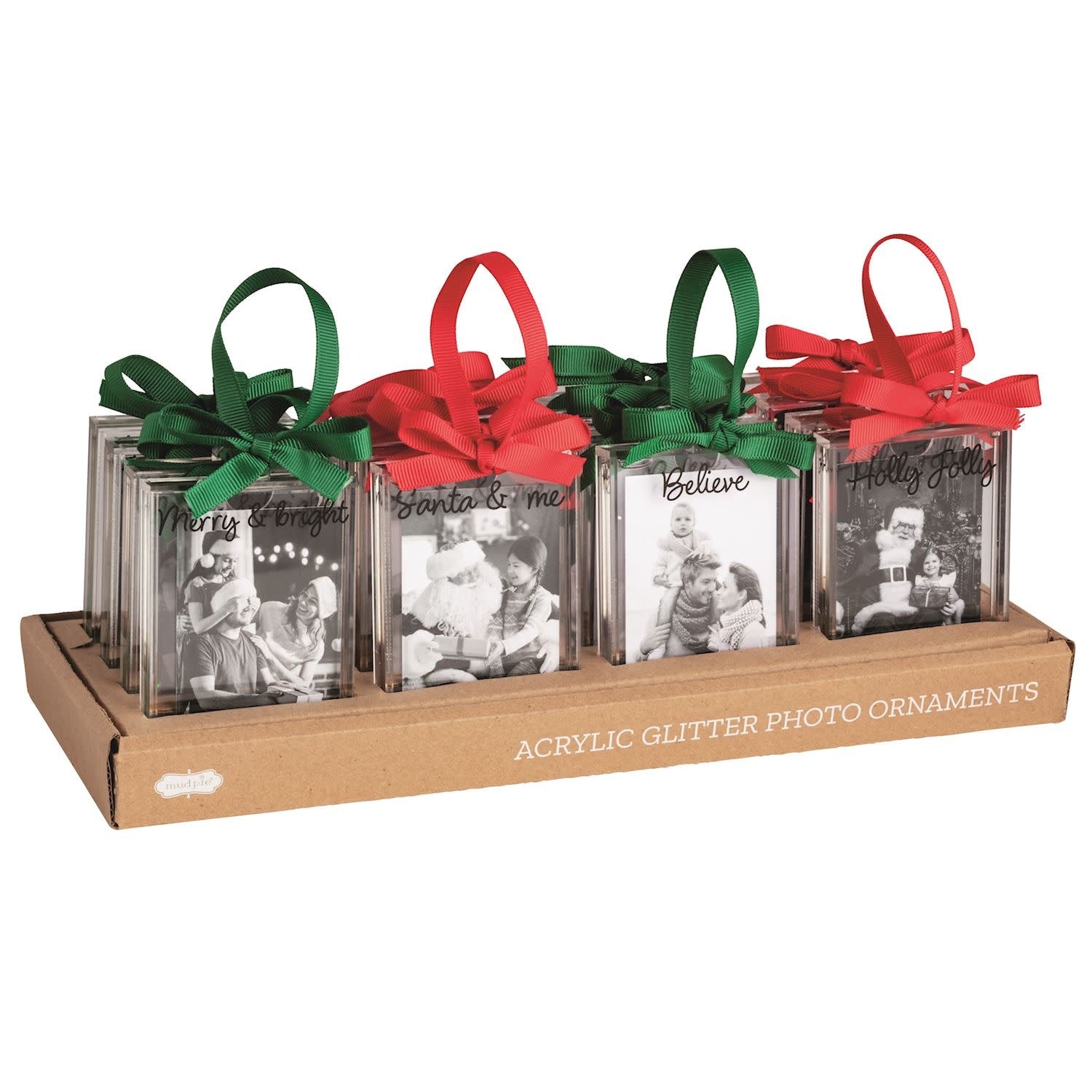 Acrylic block photo ornament with encased glitter and a grosgrain bow hanger.
