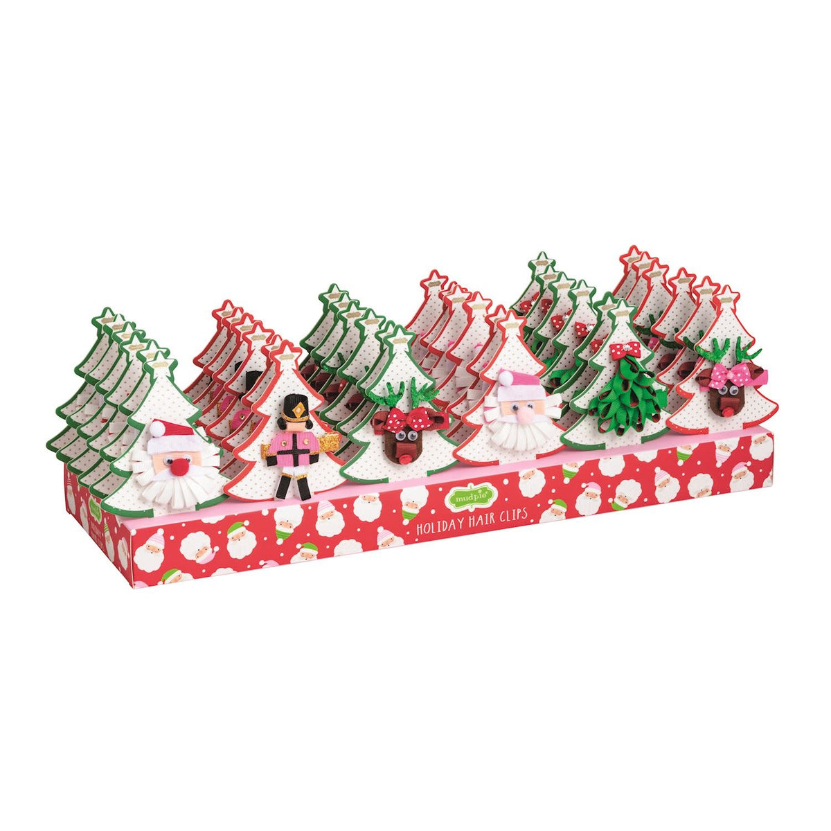 Rolled ribbon Christmas icon hair clip with festive embellishments in red and green.