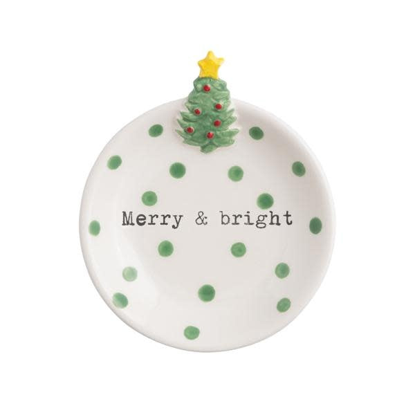 Hand-painted ceramic trinket tray with a snowman pattern on Dolomite background and dimensional icon rim.
