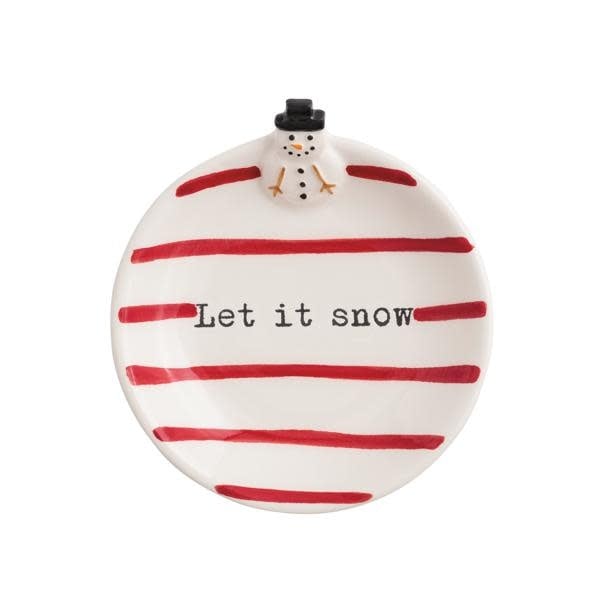 Hand-painted ceramic trinket tray with a snowman pattern in Dolomite color and dimensional icon rim.