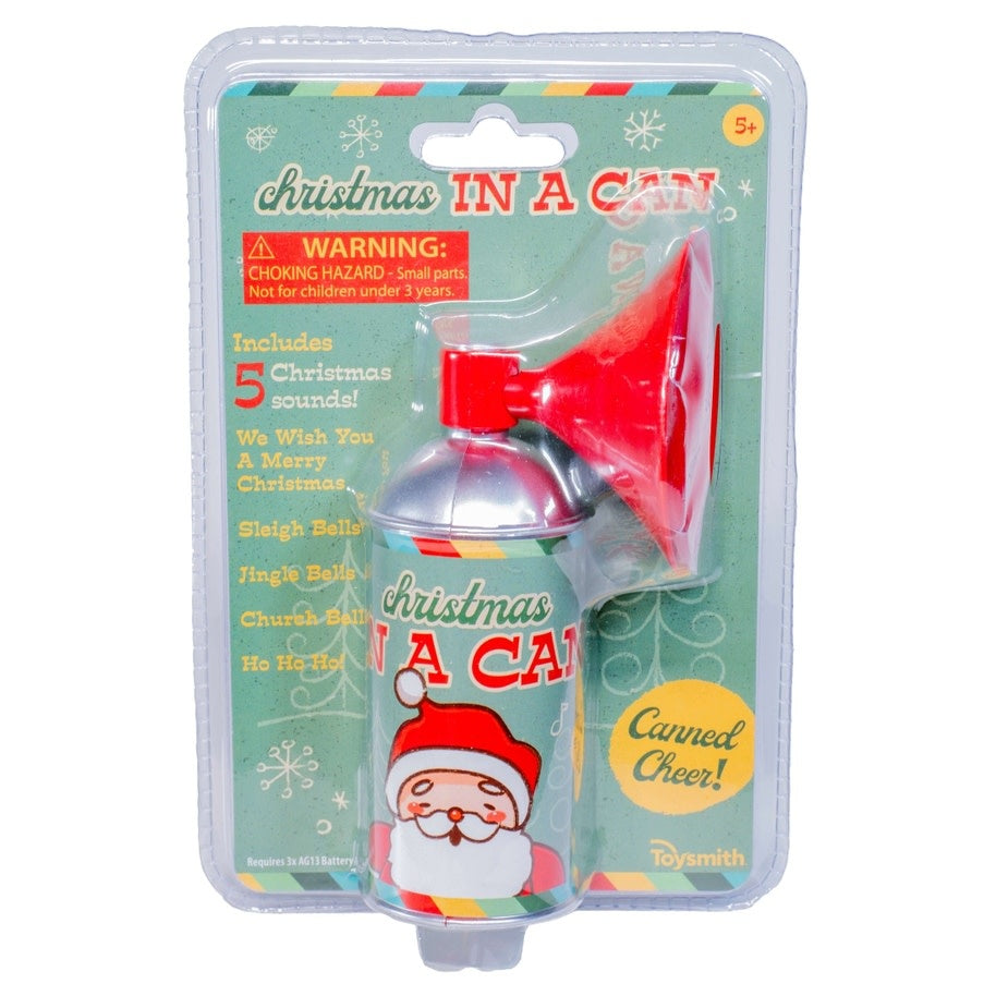 Christmas in a Can noise machine shaped like a spray can with a megaphone top playing holiday sounds.