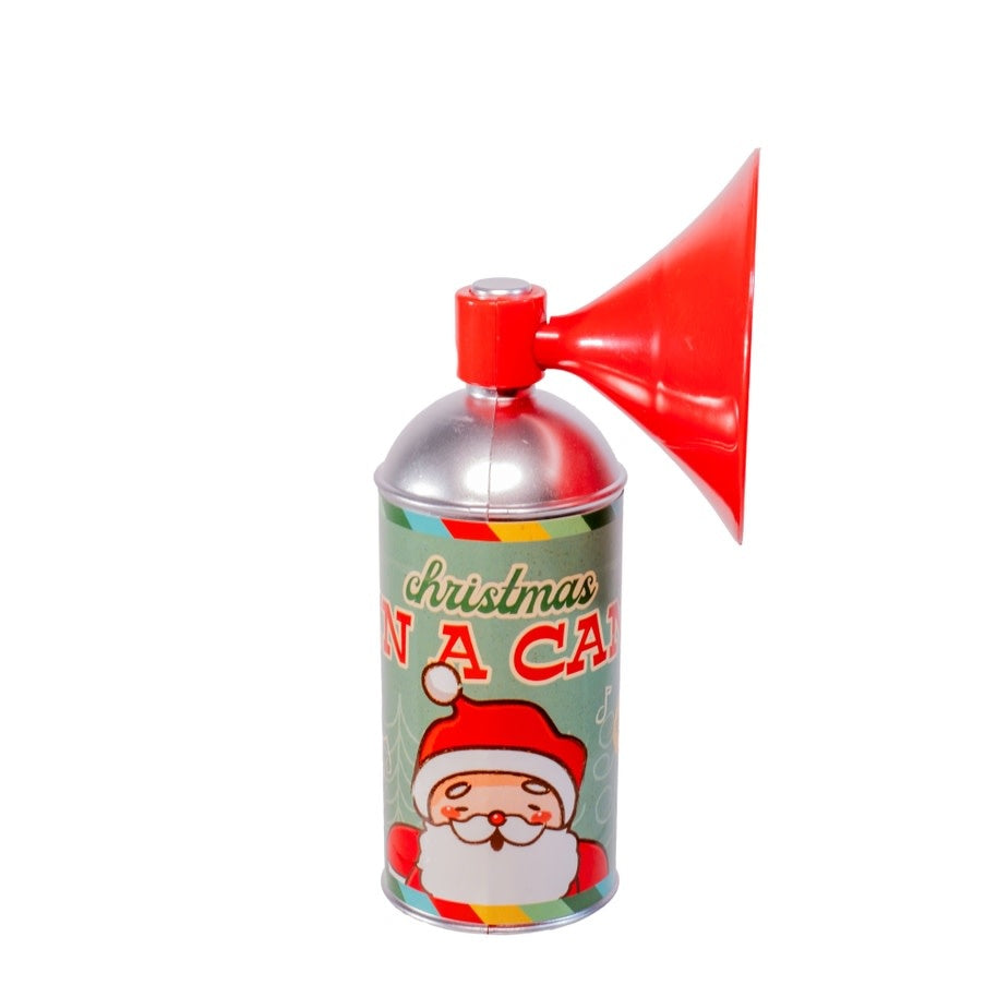 Christmas in a Can noise machine shaped like a spray can with a megaphone top playing holiday sounds.