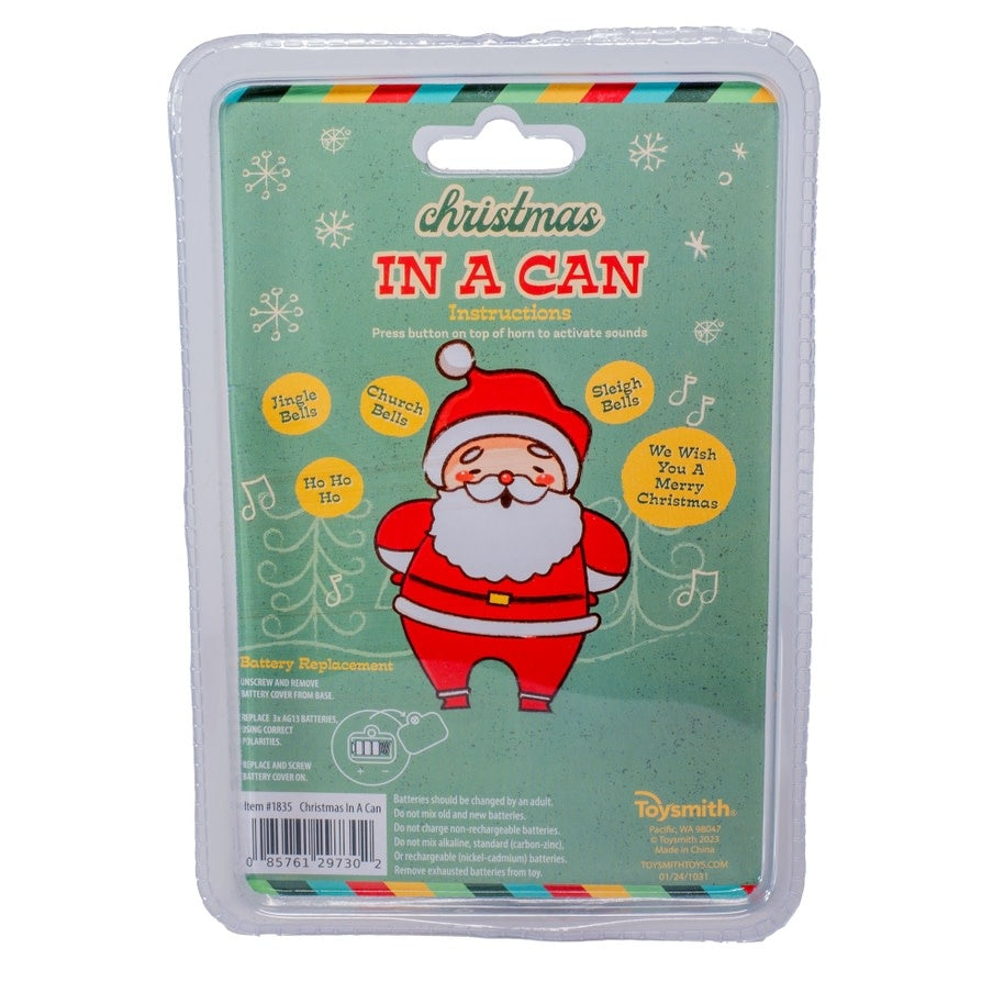 Christmas In A Can noise machine shaped like a red spray can with a yellow megaphone top.