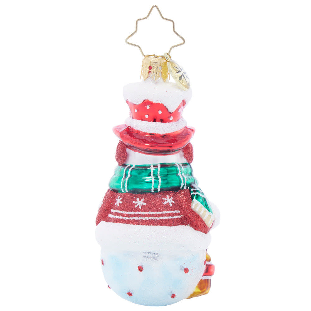 Christmas Joy Snowman Gem: white ceramic snowman figurine with rosy cheeks, top hat, and broom in hand.