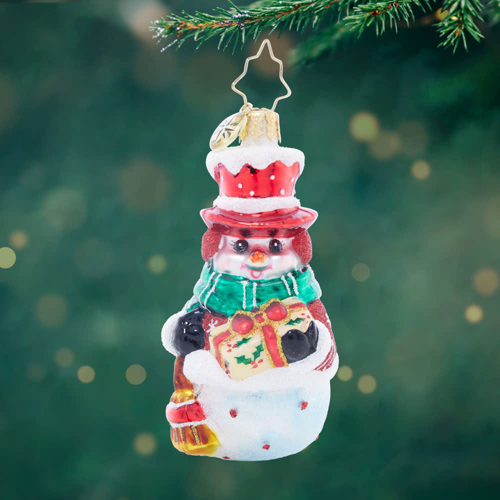 Christmas Joy Snowman Gem figurine with top hat, broom, rosy cheeks, and wide grin in festive decor.
