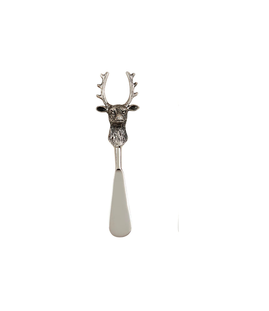 Stainless steel Christmas spreader with cast aluminum deer handle in wooden crate.