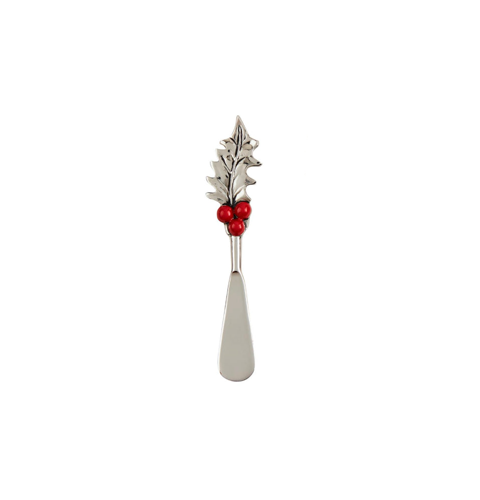 Stainless steel Christmas spreader with cast aluminum leaf character handle in wooden crate.