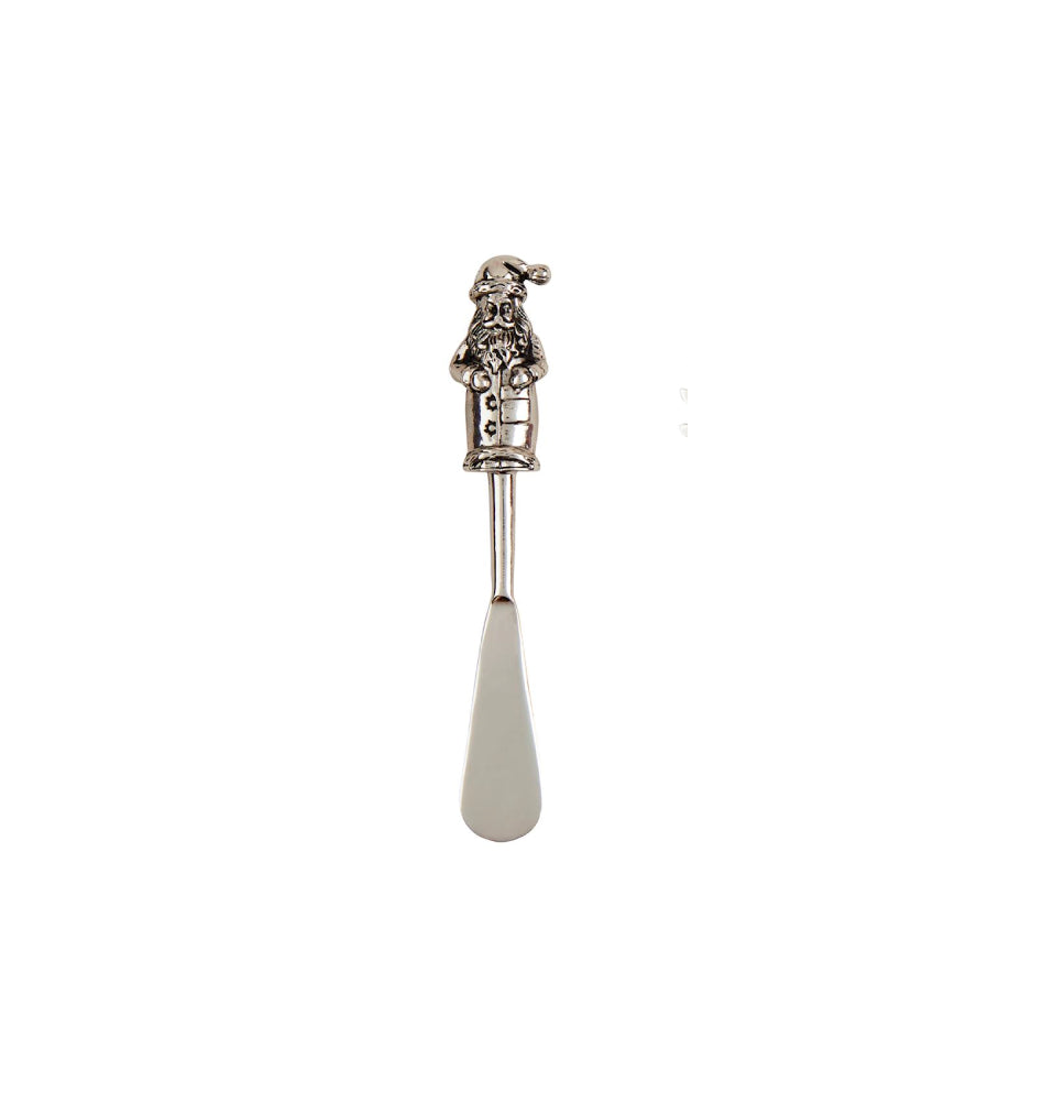 Stainless steel Christmas spreader with cast aluminum Santa character handle in wooden crate.