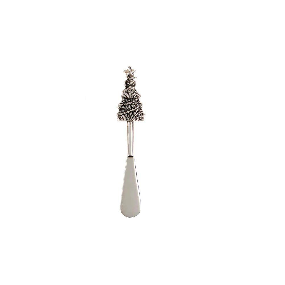 Stainless steel Christmas tree spreader with cast aluminum character handle in wooden crate.