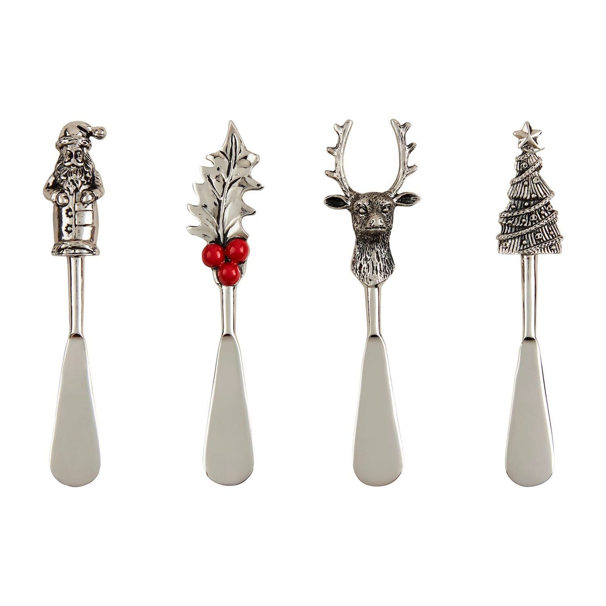 Stainless steel Christmas spreader with cast aluminum character handle in wooden crate.