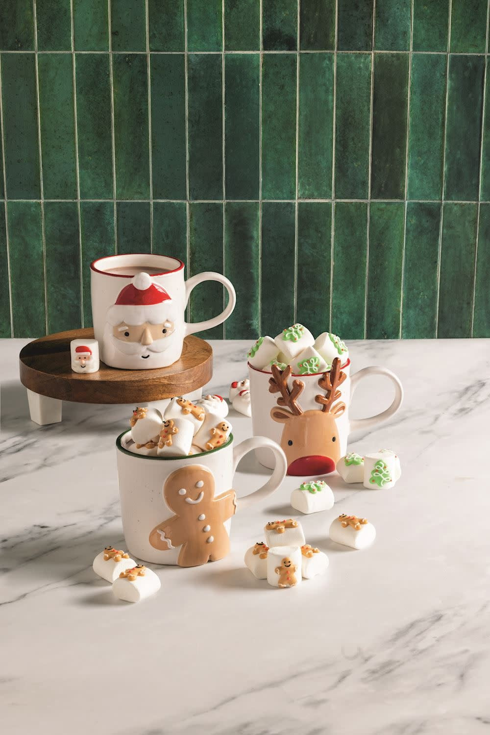 Hand-painted speckle stoneware Christmas mug with six gourmet marshmallows in a cello bag.