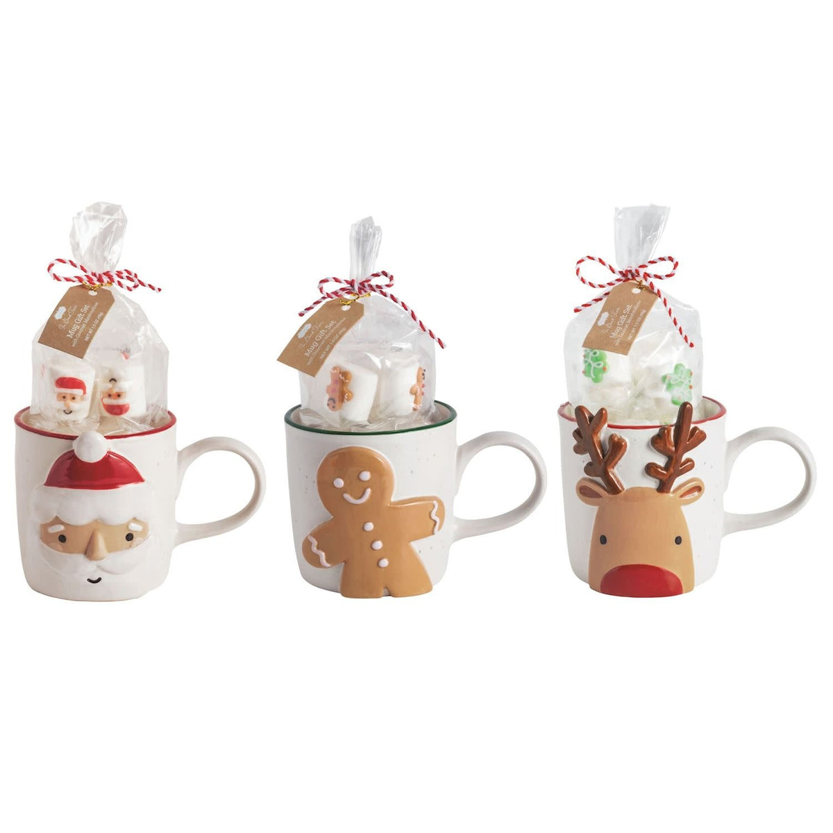 Hand-painted speckle stoneware Christmas mug with six gourmet marshmallows in a cello bag.